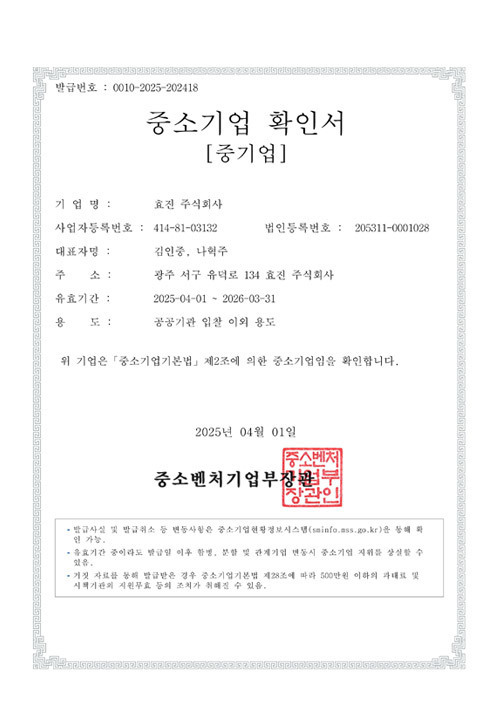 Certificate of small and medium business